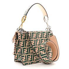 This is an authentic FENDI Calfskin F is Fendi FF Embossed Whipstitch Threads Kan I Shoulder Bag in Plaster and Giada. This bag is crafted of FF embossed calfskin leather in beige and green. This shoulder bag features a reversed F logo clasp on the front flap, a top handle with silver and golden hardware and a long matching shoulder strap. The front flap opens to a grey suede interior with a patch pocket. This ultra-chic handbag is ideal for day or evening use, from Fendi! Fendi Crossbody Bag, Pokemon Fabric, F Logo, Fendi Shoulder Bag, Beige And Green, Grey Suede, Chic Handbags, Shopper Tote, Gray Suede