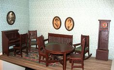 a doll house dining room with wooden furniture