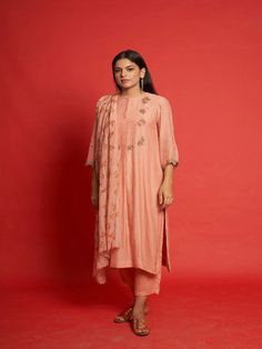 Rosy - Peach Rose Embroidered Cotton Silk Kurta Set (Set of 3) By Priti Prashant now available at Trendroots Unstitched Peach Sets In Traditional Drape, Elegant Peach Embroidered Sets, Elegant Embroidered Peach Sets, Festive Embroidered Peach Sets, Peach Chanderi Sets For Festive Occasions, Unstitched Peach Sets For Festive Occasion, Festive Unstitched Peach Sets, Festive Peach Chanderi Sets, Peach Embroidered Straight Kurta Set