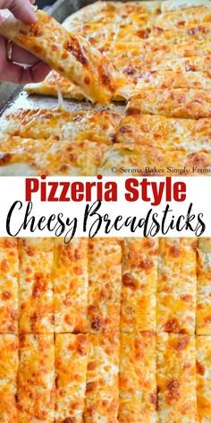 there is a pizza with cheese on it and the text overlay says, cheesy breadsticks