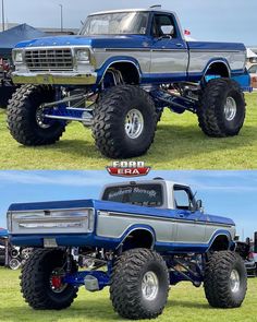 two pictures of the same truck in different positions, one is blue and gray with large tires