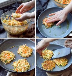 four pictures showing how to make crab cakes with carrots and coleslaw in a skillet