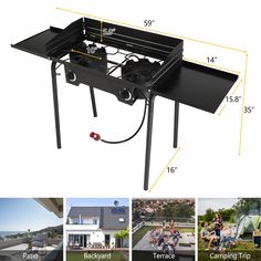 an outdoor table with four burners on it and the measurements for different parts to use