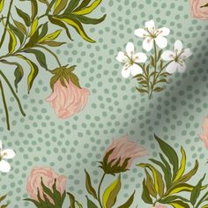 a green and pink flowered wallpaper with polka dot dots in the back ground