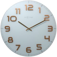 a white clock with gold numbers on the face and hands is shown against a white background