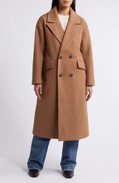 Bundle up for cold weather without compromising on refinement in this softly oversized coat cut in a longline silhouette and boasting a double-breasted closure. 46" length (size Medium) Double-breasted button closure Peaked lapels Front flap pockets Lined 100% polyester Dry clean Imported Oversized Brown Double-breasted Pea Coat, Oversized Brown Pea Coat For Work, Oversized Brown Outerwear With Notch Lapel, Oversized Camel Winter Outerwear, Brown Double-breasted Long Coat, Coat Trends, Camel Coat, Oversized Coat, Double Breasted Coat