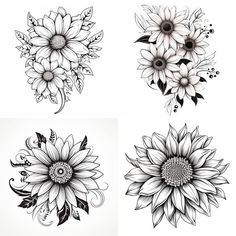 four sunflowers with different designs on them