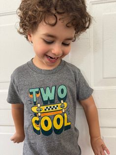 Let the toddler boy or girl in your life play it cool with this edgy & funny graphic tee. Perfect for a second birthday gift or as a birthday party outfit, this super soft t-shirt is cute enough for any two-year-old to rock year-round. Using a bold retro color palette, a skateboard graphic and cool font are placed on variety of neutral color option shirts. This cute graphic tee comes in toddler sizes 2T, 3T, 4T, and 5T; if you need additional sizes, message us for options. Any design you see in Fun Graphic Print T-shirt For Playwear, Trendy Graphic Print T-shirt For Playtime, Trendy Letter Print Tops For Playtime, Casual T-shirt With Funny Print For Playtime, Trendy Graphic Print T-shirt For Playwear, Unisex Graphic Print T-shirt For Playwear, 2nd Birthday Outfit Girl, Boy Birthday Shirt, Toddler Boy Birthday