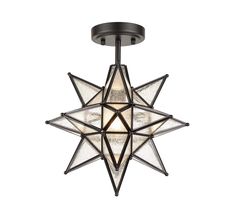 a star shaped light fixture hanging from the ceiling with two lights on each side and one in