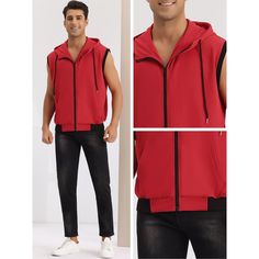 Sleeveless sweatshirt vest features pockets for you to keep your small items. A hoodie vest can be worn alone or paired with other garments like t-shirts or long-sleeved shirts for a daily look. Pair a hoodie vest with shorts, jeans, and casual trousers to create a different look. Hoodie vest is suitable for sports, camping, travel and daily wear. Casual Hooded Vest With Pockets, Hooded Cotton Vest With Pockets, Winter Hooded Vest Top, Cotton Hooded Vest With Drawstring, Red Cotton Sports Vest, Sporty Cotton Vest For Winter, Sporty Sleeveless Cotton Sweater Vest, Winter Cotton Sports Vest, Red Cotton Vest For Streetwear