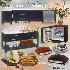 an advertisement for a kitchen with food and drinks on the counter, in front of a refrigerator