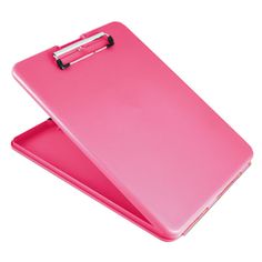 a pink clipboard with a pen on it