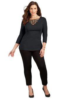 Show your curves some love with a soft, sleek top that glides over your shape to create a beautifully body-conscious look. Designed to mix and match with other styles in our Curvy Collection. FABRIC: Crafted from our signature stretch knit, chosen for its soft, lightweight quality that gracefully follows your form. FIT: Like all Curvy Collection pieces, this tunic has a close-to-the-body fit, which is different from Catherines generous-fitting styles. Front and back crisscross straps. 3/4 sleeve Fall Dressy Casual, Torrid Outfits, Crisscross Top, Mid Size Fashion, Criss Cross Top, Petite Size Chart, Body Conscious, Princess Seams, Swimsuits For All