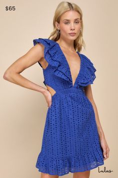 Summer days have never been better than when you're wearing the Lulus Blissful Sunshine Royal Blue Eyelet Backless Mini Dress! Lightweight woven cotton shapes this breezy dress that boasts eyelet embroidery throughout. Ruffled, elasticized straps support a flirty bodice with a plunging V-neckline and a tying detail across the open back. Elastic waist tops a flaring skirt that ends at a ruffled mini hem. Fit: This garment fits true to size. Length: Mid-thigh. Size medium measures 30" from shoulde Blue Sundress, Never Been Better, Eyelet Embroidery, Breezy Dress, Backless Mini Dress, Royal Blue Dresses, Woven Cotton, Dress 100, White Mini Dress