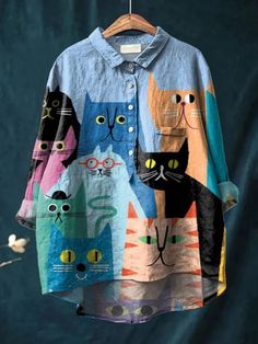 Women's Simple Colorful Flat Cat Print Casual Cotton And Linen Shirt Graffiti Clothing, Linen Shirts Women, Linen Collection, Wardrobe Needs, Art Dress, Flat Color, Cat Print, Casual Fits, Out Of Style