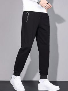 Negro  Collar  Tela tejida Liso  Embellished Elástico Ligero Men Activewear, Men Sport Pants, Jogger Pants Casual, Casual Sweatpants, Casual Joggers, Sports Trousers, Outdoor Pants, Training Tops, Sports Pants