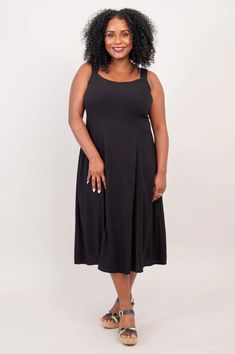 This all-occasion dress transitions from beach to casual elegance. A perfect fit in the bodice is closely tailored, then enhanced, and made easy by a panel of self-fabric elastic across the back. An empire waist emphasizes the bust line and allows the fabric to fall easily down the body without clinging. Pockets in the side seams are invisible, adding functionality to this signature piece. The A-line of the skirt section makes the Shauna dress easy to wear for women of all shapes, and the classi Linen Dress Black, Sky Blue Outfit, Long Shrug, Sky Clothing, Indigo Linen, Sky Fit, Black Linen Dress, Empire Waistline, Black Linen