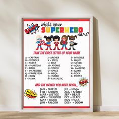 a poster with the words what's your superhero name? and cartoon characters on it