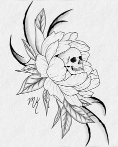 a black and white drawing of a flower with a skull in the middle on paper