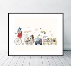 an art print with animals riding in a carriage and rainbows flying above them on a white wall