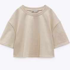 Brand New Zara Crop Cotton Shirt Zara Crew Neck T-shirt For Day Out, Simple Long Sleeve Summer Tops, Basic Beige Summer Tops, Trendy Beige Crew Neck Blouse, Simple Crew Neck Spring Top, Simple Crew Neck Top For Spring, Plain Tops For Everyday Spring Wear, Simple Spring Crew Neck Top, Beige Short Sleeve Tops For Fall