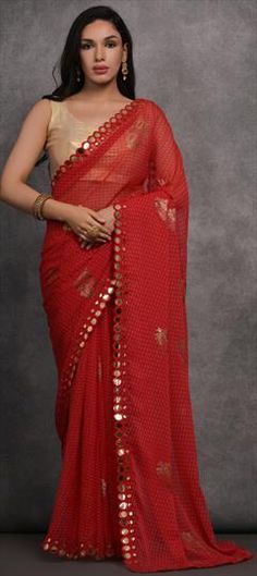 Red and Maroon color Saree in Georgette fabric with Foil Print, Mirror work Party Red Dupatta With Cutdana Detail, Red Party Dupatta With Cutdana, Red Cutdana Party Dupatta, Red Dupatta For Party, Red Saree For Festive Party, Red Saree With Zari Work For Party, Red Saree For Party With Dupatta, Red Georgette Saree With Motifs, Party Saree With Motifs In Georgette