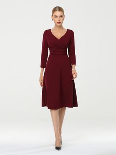 Fit: Please refer to Size Chart. Closure: It is Concealed a Zipper Up The Back. Undergarments: It is Not Padded, without Lining. Fabric: The garment comprises Polyester. Stretch: Fabric is Low Stretch. Casual V-neck Midi Dress For Semi-formal Occasion, Spring Formal V-neck Dress, Semi-formal V-neck Midi Dress For Fall, Knee-length V-neck Dress For Fall Formal, Fall Semi-formal V-neck Midi Dress, Fall Formal Knee-length V-neck Dress, Classic V-neck Dress For Spring Formal, Fitted V-neck Fall Formal Dress, Classic Fitted V-neck Dress For Spring