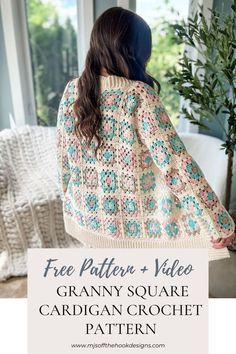 the granny square cardigan crochet pattern is shown with text that reads, free pattern