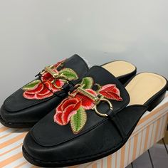 Brand New, Never Worn Faux Leather Floral Design Gold Hardware Spring Faux Leather Closed Toe Slip-ons, Black Flat Slip-ons For Spring, Spring Flat Faux Leather Slip-ons, Trendy Black Summer Loafers, Chic Faux Leather Flat Loafers, Spring Faux Leather Slip-ons, Black Synthetic Loafers, Trendy Faux Leather Flats, Spring Faux Leather Flats