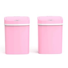 two pink trash cans sitting next to each other