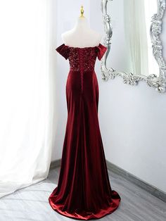 Wine Red Mermaid Velvet Long Party Dress Red Mermaid Hem Dress For Banquet, Red Mermaid Hem Evening Dress For Banquet, Fitted Holiday Banquet Dress, Fitted Holiday Dress For Banquet, Holiday Banquet Fitted Dress, Formal Holiday Dress With Mermaid Hem, Gala Banquet Dress With Mermaid Hem, Red Mermaid Dress With Mermaid Hem For Banquet, Red Fishtail Gown For Party