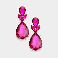 FUCHSIA FLORAL GLASS CRYSTAL TEARDROP EVENING GOLD EARRINGS Catwalk Hair, Hot Pink Earrings, Fashion Catwalk, Fuchsia Flower, Crystal Teardrop Earrings, Blue Crystal Earrings, Pink Things, Unusual Earrings, Fun Jewelry