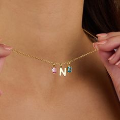 Personalized Initial and Birthstone Necklace The personalized tiny initial necklace with birthstone is an elegant, unique necklace and perfect as a personalized gift for her.  Your choice of one tiny gold-plated lowercase initials ( a-z ) or uppercase initials ( A-Z)  and birthstone(s) that hangs on a delicate 18-inch cable chain, you can also add one or many more letters to your necklace. D E T A I L S - Materials: 14k gold over sterling silver. The charms and chain are 14k gold THICK plated, a Dainty Birthstone Necklace With Initial Pendant, Dainty Birthstone Initial Pendant Necklace, Personalized Dainty Birthstone Necklace With Initial Pendant, Dainty Name Necklace With Birthstone Initial Pendant, Dainty Initial Pendant Name Necklace With Birthstone, Dainty Initial Pendant Necklace With Birthstone, Dainty Birthstone Pendant Initial Necklace, Dainty Birthstone Initial Necklace For Gift, 14k Gold Birthstone Necklace With Initial Pendant