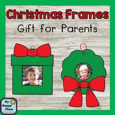 a christmas frame is shown with a green box and red bow on the front, and a