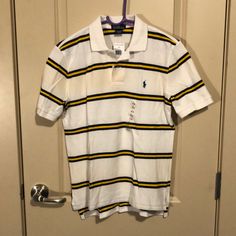 Brand New Casual Cotton Polo Shirt For School, Casual Short Sleeve Polo Shirt For School, Casual Cotton School Polo Shirt, Casual Striped Tops For School, Yellow Sporty Cotton Polo Shirt, Yellow Cotton Sporty Polo Shirt, Sporty Polo Collar Tops For School, Sporty Polo Tops For School, Casual White Shirt For School