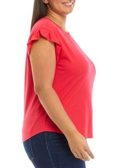 Rethink your basic solid T-shirt. This option by Crown & Ivy has a feminine flair with added ruffle sleeves. | Crown & Ivy Women's Plus Size Short Ruffle Sleeve Solid T-Shirt, Coral, 1X Solid Color T-shirt With Ruffle Sleeves For Spring, Solid Casual T-shirt With Flutter Sleeves, Stretch Casual T-shirt With Ruffle Sleeves, Plus Size Shorts, Ruffle Sleeves, Ivy, Coral, Crown, Plus Size