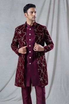 Maroon long jacket with abstract, sequin embroidery. Paired with an inner kurta. Comes along with a pant. - Aza Fashions Sequin Embroidery, Kurta With Pants, Sequins Embroidery, Long Jacket, Silk Embroidery, Pants Pattern, Aza Fashion, Full Sleeve, Stand Collar