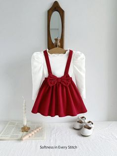 2pcs Baby Girl Knitted Ruffled Bell Sleeve Top & Bow Detail Suspender Skirt Dress Set Multicolor     Plain  Medium Stretch  Baby Girls Clothing, size features are:Bust: ,Length: ,Sleeve Length: Womens Corset Tops, Cardigan Bebe, Baby Bells, Shapewear Tops, Belle Dress, Women Corset, Suspender Skirt, Women's Shapewear, Knitting Girls