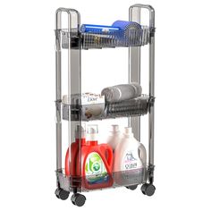 a three tiered shelf with various cleaning products on it's sides and wheels