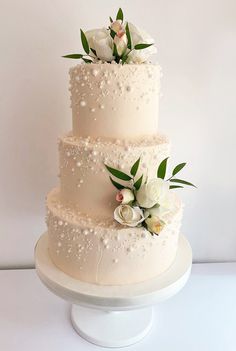 Wedding Cakes With Pearls And Flowers, Wedding Cake With Natural Flowers, Pink Pearl Wedding Cake, 4 Tier Pearl Wedding Cake, White Wedding Cake With Pearls And Flowers, Buttercream Rose Wedding Cake, Wedding Buttercream Cake, Pearled Wedding Cake, Piped Wedding Cake Buttercream