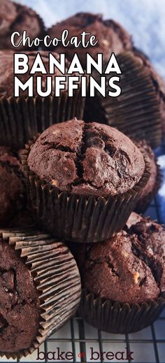 chocolate banana muffins stacked on top of each other with the title above it