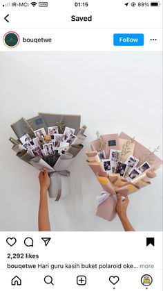 someone is holding two bouquets with photos attached to the stems, and they are both wrapped in paper