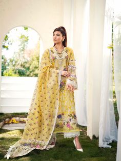 Embellished Lemon Salwar Kameez Pakistani Eid Dress Chanderi Naqshi Dress For Eid, Festive Shantoon Dress With Naqshi Detailing, Bollywood Style Cambric Dress With Resham Embroidery, Bollywood Cambric Dress With Resham Embroidery, Cambric Dresses With Dupatta For Festivals, Festival Cambric Dresses With Dupatta, Traditional Yellow Dress With Naqshi Detailing, Bollywood Semi-stitched Cambric Dress, Bollywood Style Semi-stitched Cambric Dresses