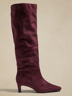 Vegan Tall Slouch Boot | Banana Republic Factory Mid Calf Heel Boots, Womens Leather Boots Knee Highs, Camel Suede Boots, Burgundy Boots Outfit, Best Fall Boots, Fall Boot Trend, Tall Boots Outfit, Jeans With Boots, Pointy Boots