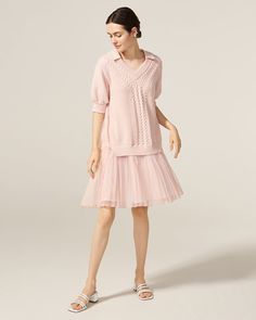 PLP Elegant Knit Sweater Dress For Spring, Elegant Pink Knit Dress, Elegant Knit Dresses For Spring, Chic Knit Short Sleeve Dresses, Elegant Short Sleeve Knit Dress, Feminine Knit Summer Dresses, Elegant Pink Knee-length Sweater Dress, Elegant Knee-length Pink Sweater Dress, Pink Knee-length Knit Dress