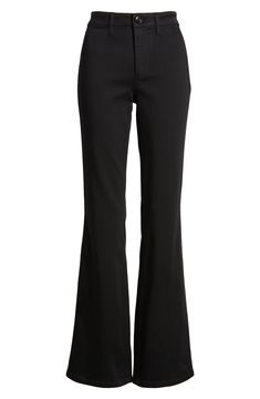 Perfect for day-to-night styling, these stretchy bootcut jeans feature full-length legs and trouser-style pockets for an elevated look. 33" inseam; 19" leg opening; 10" front rise; 15" back rise 36% cotton, 36% viscose, 27% polyester, 1% spandex Machine wash, tumble dry Imported Bootcut Trousers Outfit, Black Slacks Women, Black Bootcut Jeans Outfit, Black High Waist Jeans, Bootcut Black Jeans, Bootcut Jeans Black, Black High Waisted Jeans, Bootcut Jeans Outfit, Bootcut Trousers