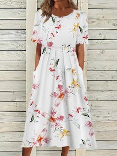 SPU:E5NDR57D5E7Sleeve Length:Short sleeveEdition type:LooseWaistlines:NaturalElasticity:Micro-ElasticityDress type:T-Shirt DressSilhouette:A-LineThickness:LightweightMaterial:PolyesterActivity:DailyNeckline:Crew NeckPattern:FloralTheme:SummerStyle:CasualColor:WhiteSize:S,M,L,XL,XXLFabric:Polyester95%; Spandex5%Size Chart SizeSleeve Length Shoulder Length Bust cminchcminchcminchcminchS249.437.714.811746.19637.8M24.59.63915.411946.910139.8L259.840.315.912147.610641.7XL25.51041.616.412348.411143... Flowy Dress Long, Prom Dresses Vintage, Floral Dresses Long, Midi Short Sleeve Dress, Crewneck Dress, Spring Outfits Women, Prom Dresses Long With Sleeves, Printed Shift Dress, Vestido Casual