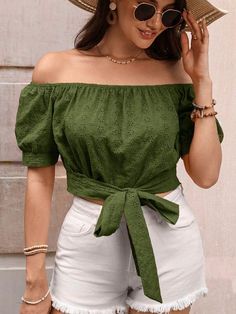 Army Green Casual,Boho Collar Short Sleeve Woven Fabric Plain Top Embellished Non-Stretch Summer Women Clothing Bohemian Short Sleeve Peasant Top For Day Out, Green Bohemian Top For Day Out, Green Off-shoulder Blouse, Bohemian Off-shoulder Spring Tops, Bohemian Short Sleeve Crop Top For Day Out, Green Peasant Blouse For Summer, Green Peasant Top For Summer, Summer Peasant Top In Green, Bohemian Off-shoulder Cotton Blouse