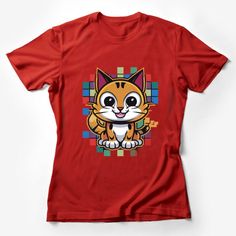 Cute Cartoon Cat T-Shirt, Colorful Pixel Art Kitten Tee, Unisex Graphic Tee for Cat Lovers, Casual Wear Female T-Shirt Custom graphic T-Shirt.Customize your color Playful Red Cartoon Print T-shirt, Playful Red T-shirt With Cartoon Print, Short Sleeve Graphic Tee With Cat Design, Fun Short Sleeve T-shirt With Cat Print, Playful Cotton T-shirt With Cat Design, Playful Cat Design Crew Neck T-shirt, Playful Cotton T-shirt With Cat Print, Playful Crew Neck T-shirt With Cat Design, Playful Short Sleeve T-shirt With Cat Design