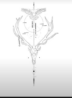 a drawing of a deer's head with an arrow and two birds on it